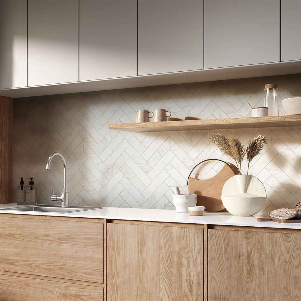 how to match your kitchen countertops with the right tiles | sleek countertops with textured tile splashback backsplash