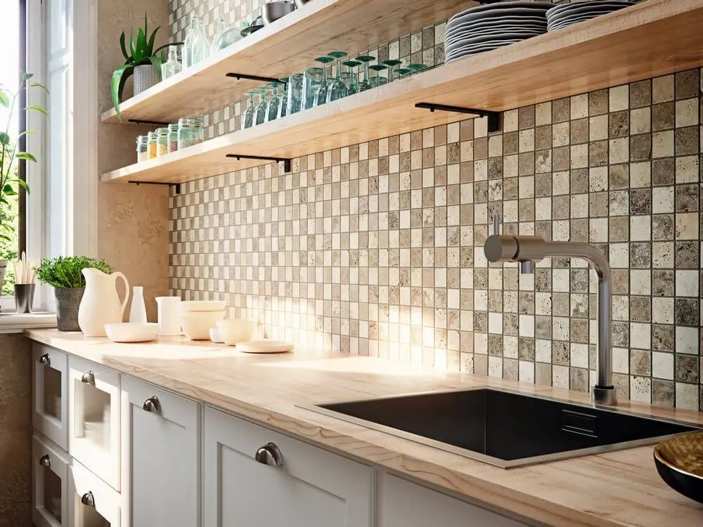 how to match your kitchen countertops with the right tiles | rustic farm kitchen with mosaic tiles