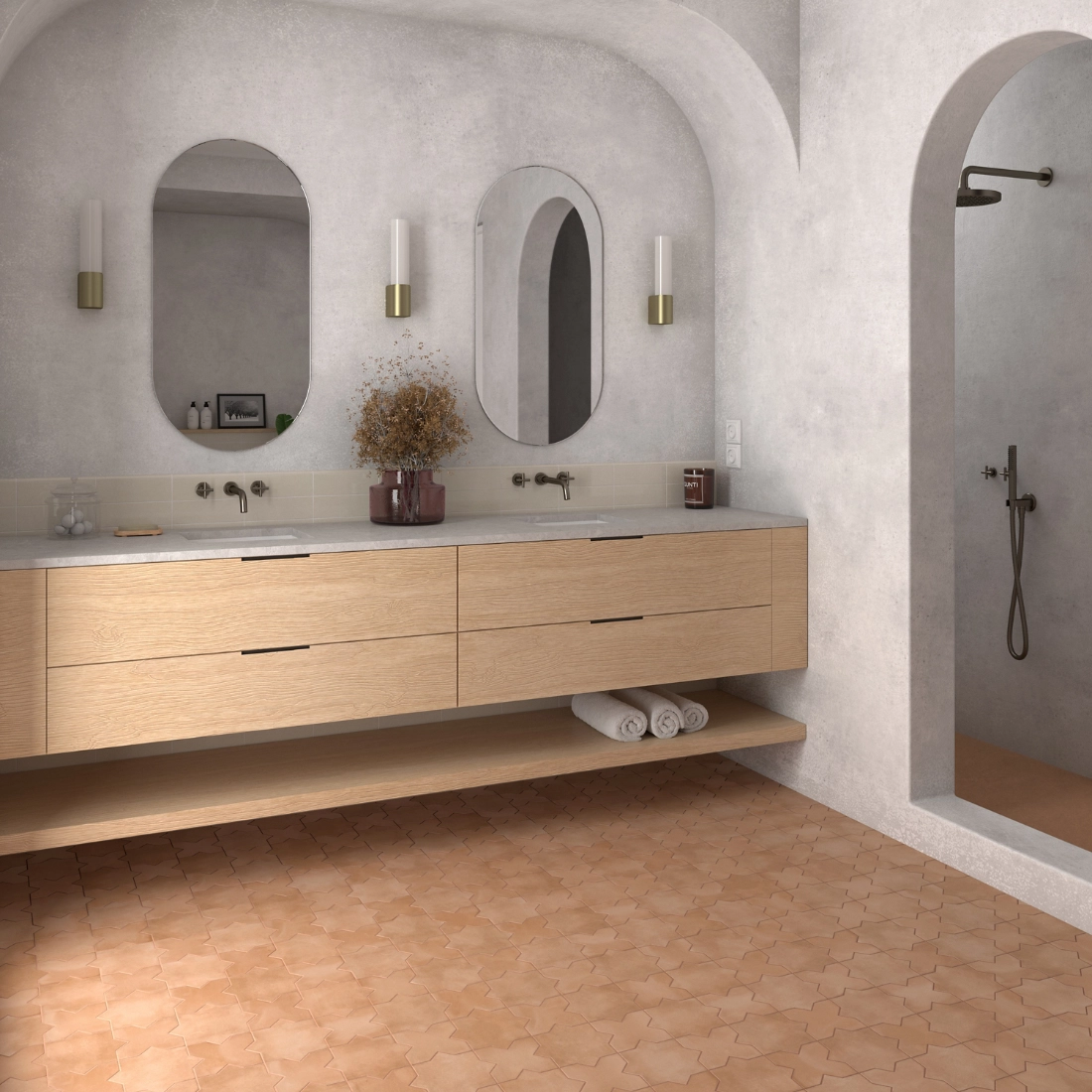 How to Create a Calm Home Using Tiles and Colour Psychology | Sand colour terracotta tiles bathroom