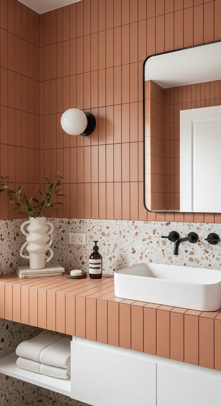 bathroom featuring bold trendy splashback tiles and modern design details