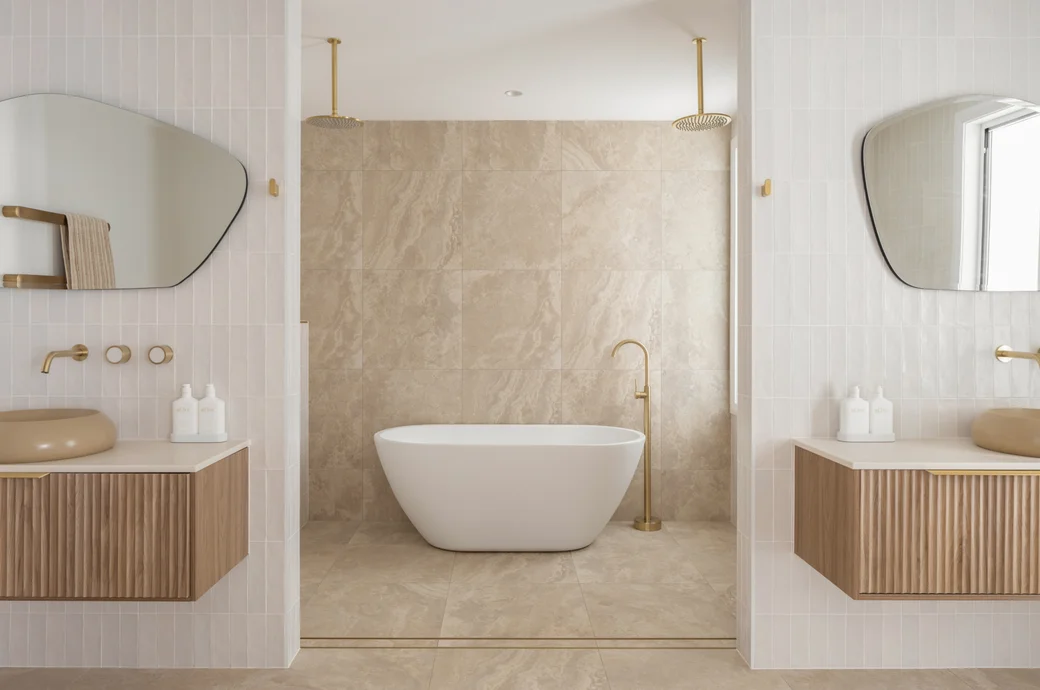 bathroom with neutral tiles and classic finishes creating a timeless interior design look