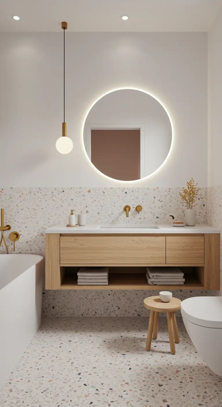 Small bathroom with reflective tiles, wall-mounted tapware and well-planned lighting to maximise space