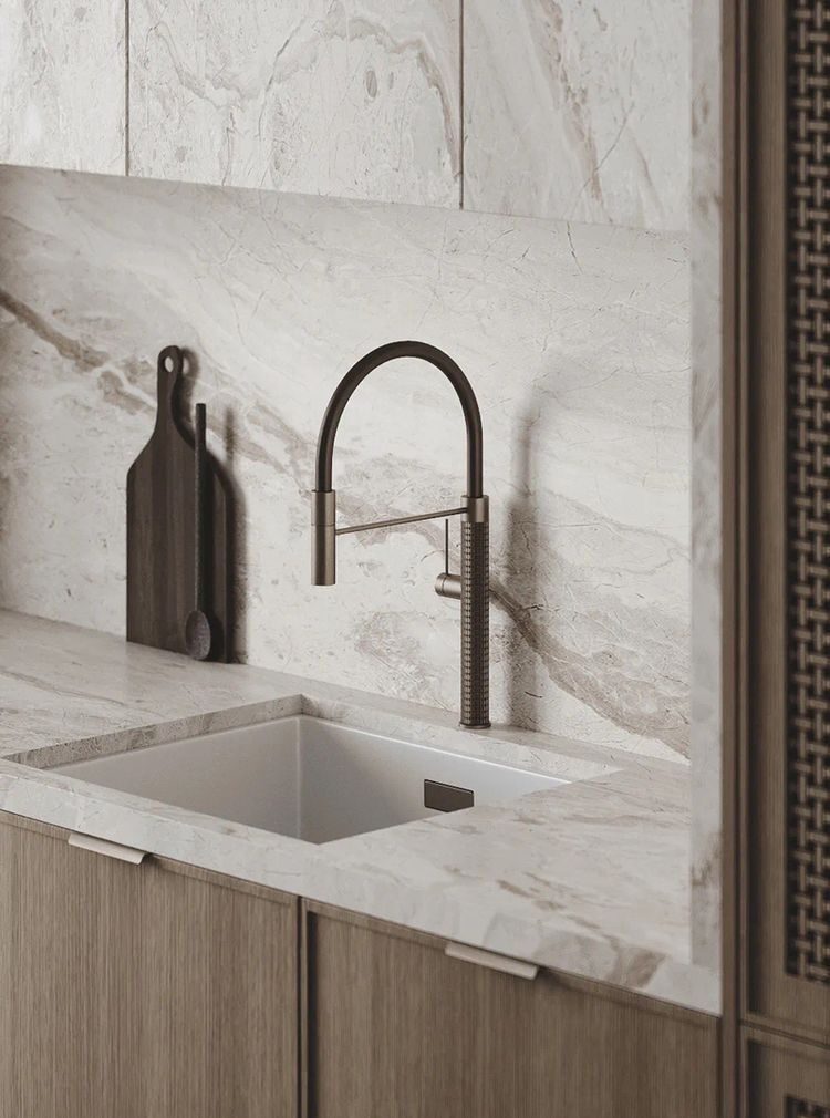 Modern kitchen tap in a brushed finish paired with neutral kitchen colours