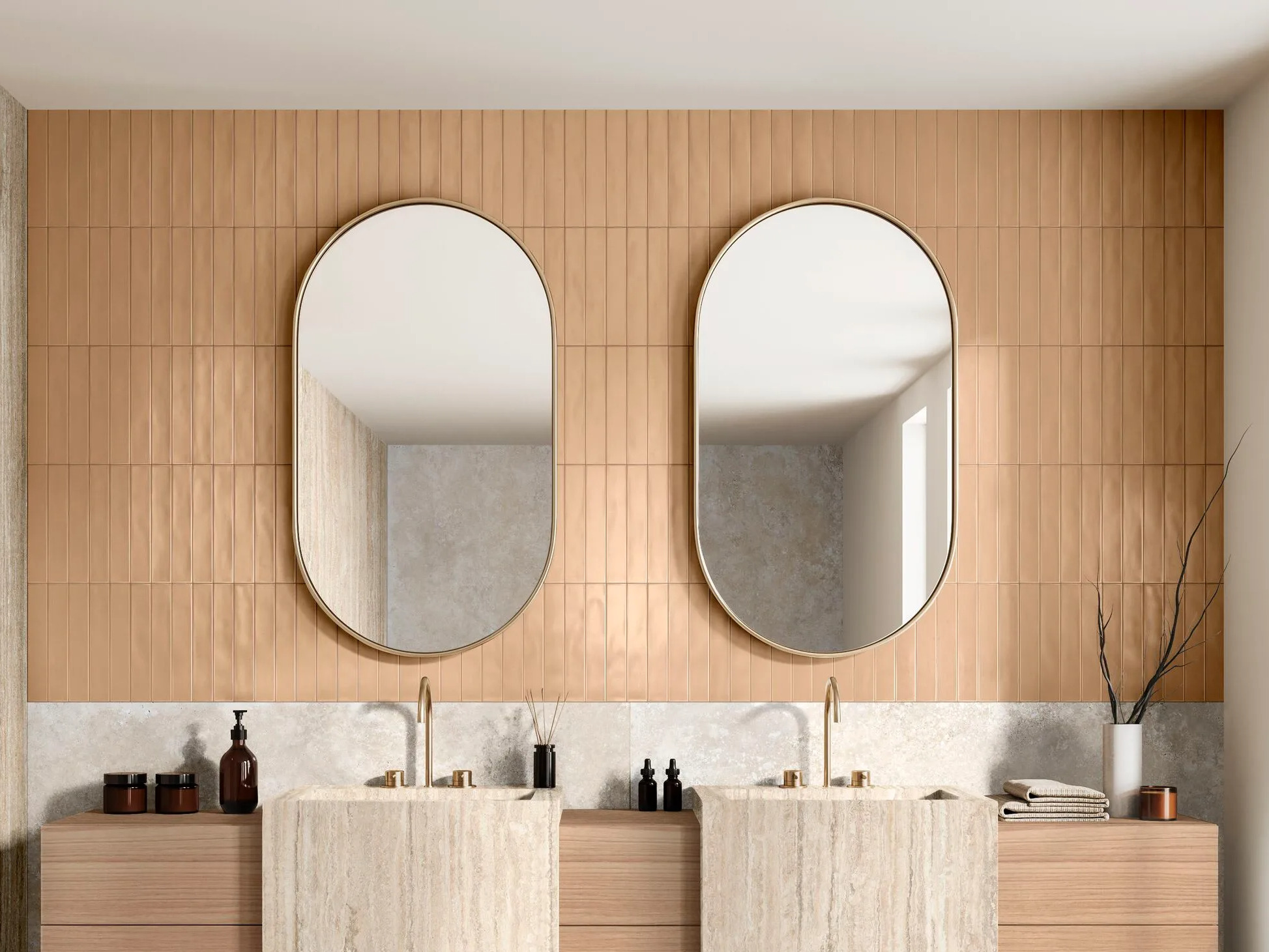 neutral tile palette creating a calm and elegant interior bathroom