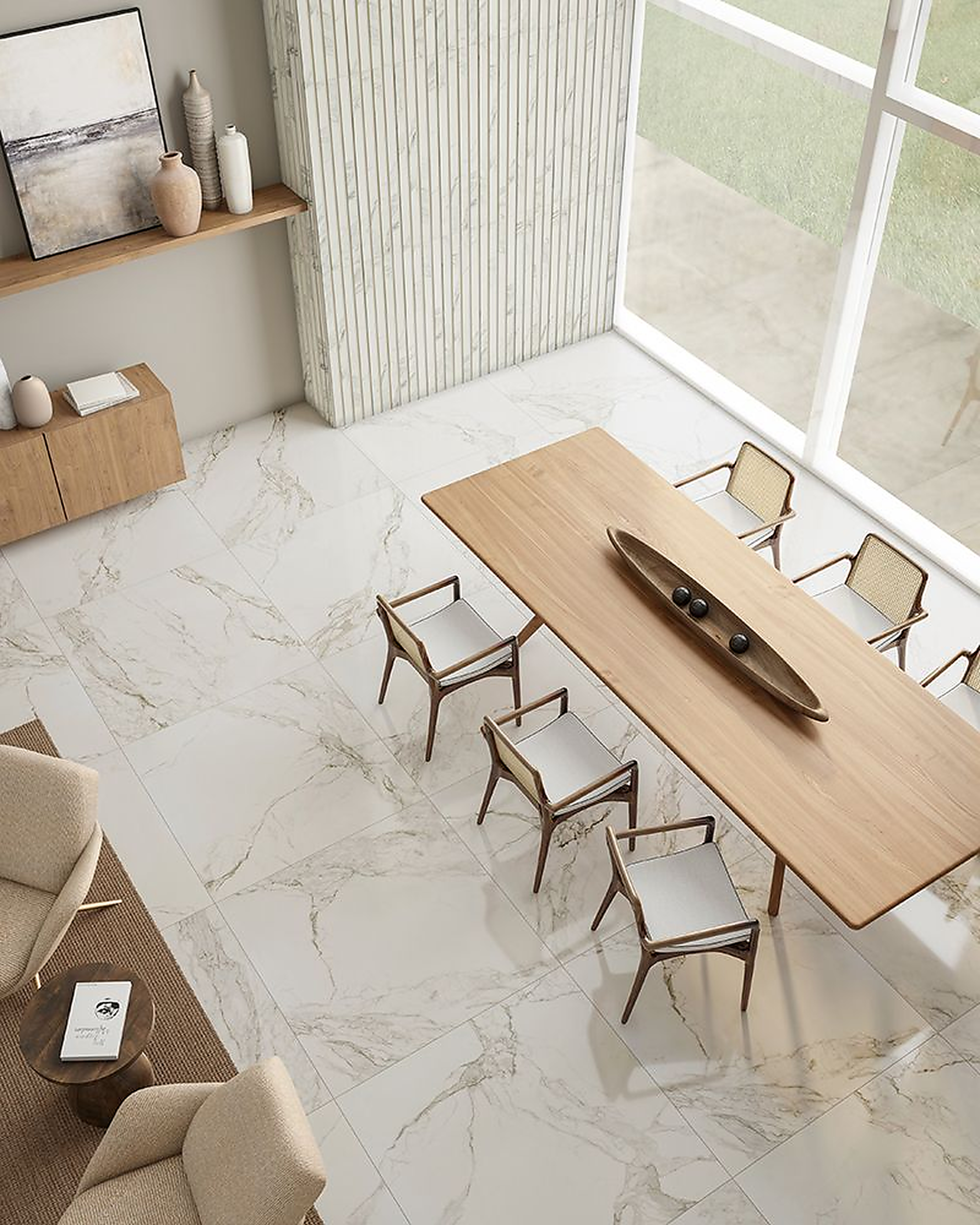 white marble light reflecting floor tiles
